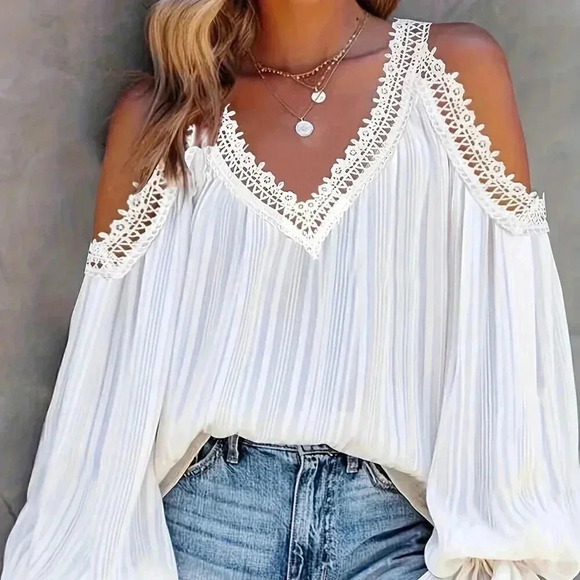 Tops - White Boho Women's Open Shoulder Floral Trim Casual Vacation Blouse